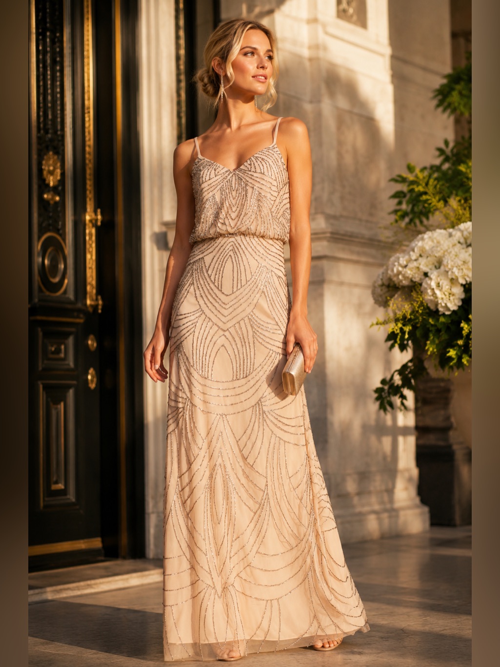 Adrianna Papell Blush Beaded Evening Dress